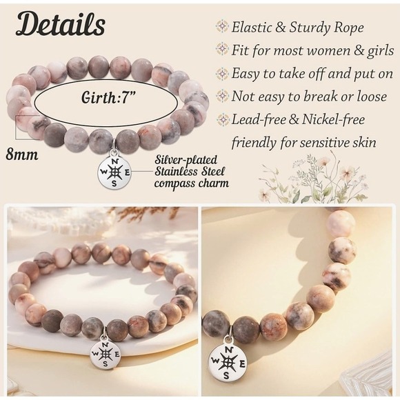 Graduation Gift Natural Stone Bracelet College Pink Stones Compass Charm - Picture 4 of 4